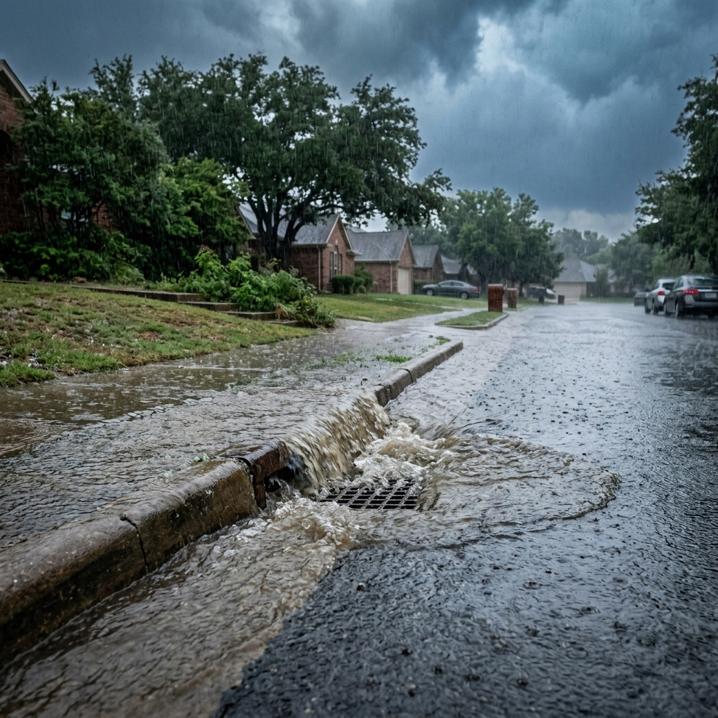 A storm drain overflowing during heavy rain in Coppell, a common cause of water damage