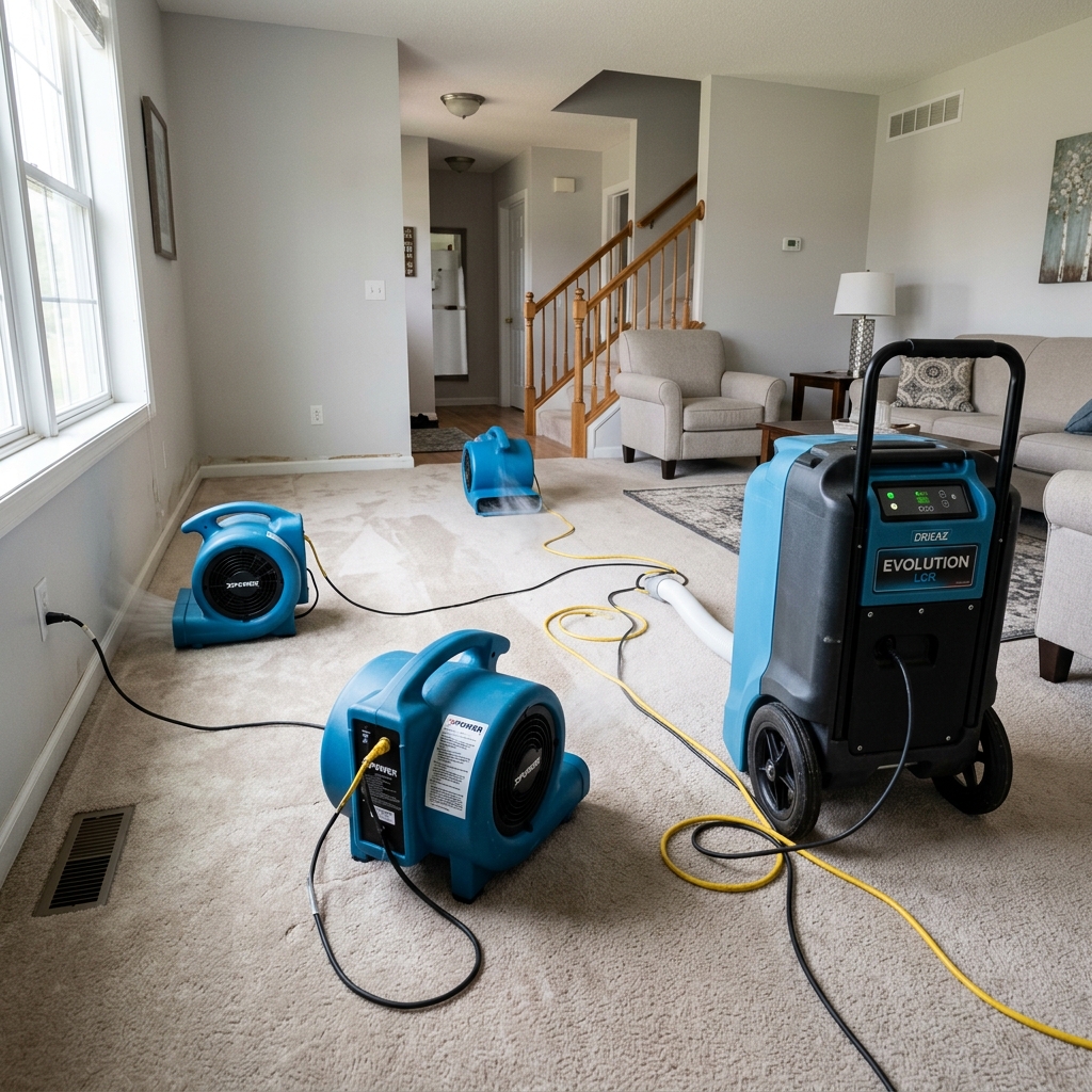 Dri-Eaz LGR dehumidifier and air movers drying a home after water damage in Coppell