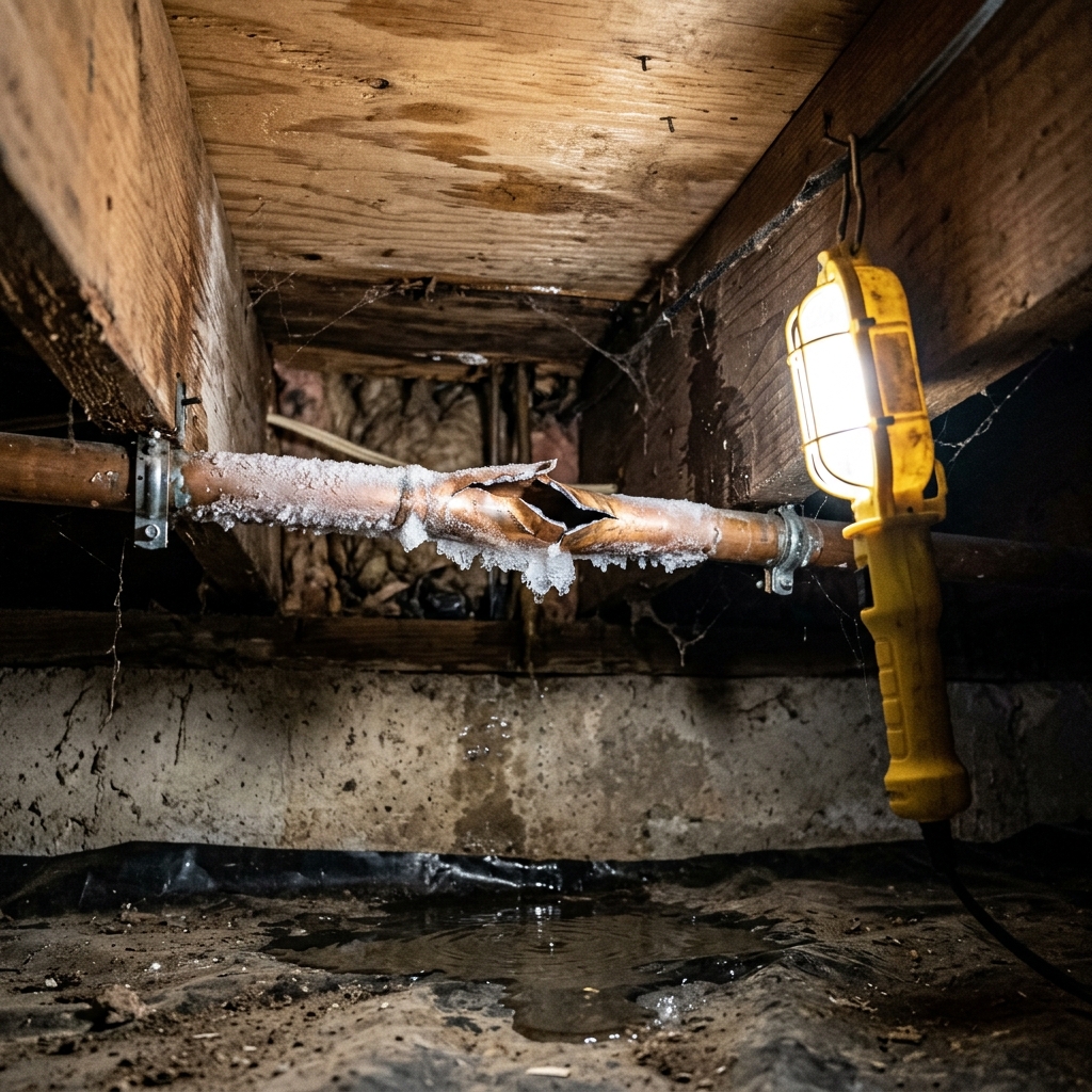 A frozen, burst copper pipe in a crawl space, a common winter risk in Coppell