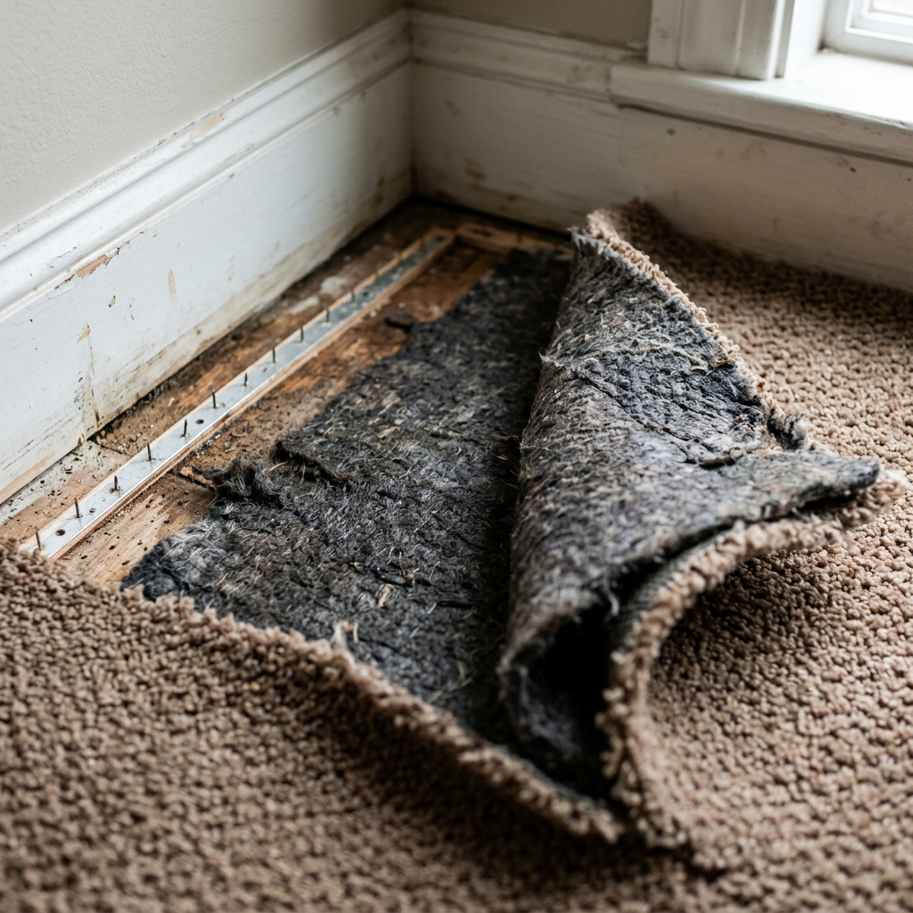 Water damaged carpet peeled back from the tack strip, illustrated in Coppell