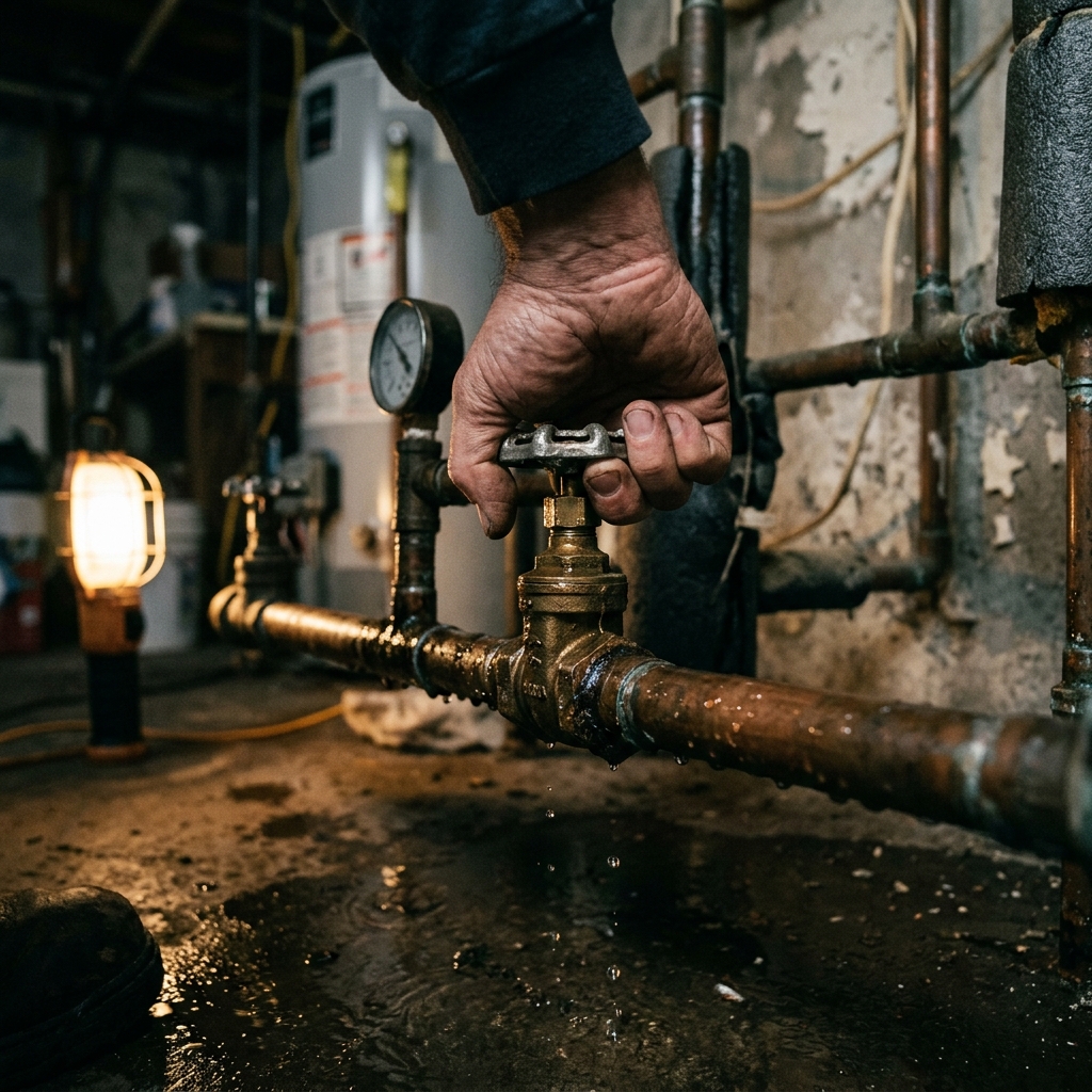 A hand shutting off a residential water valve during a water damage emergency in Coppell