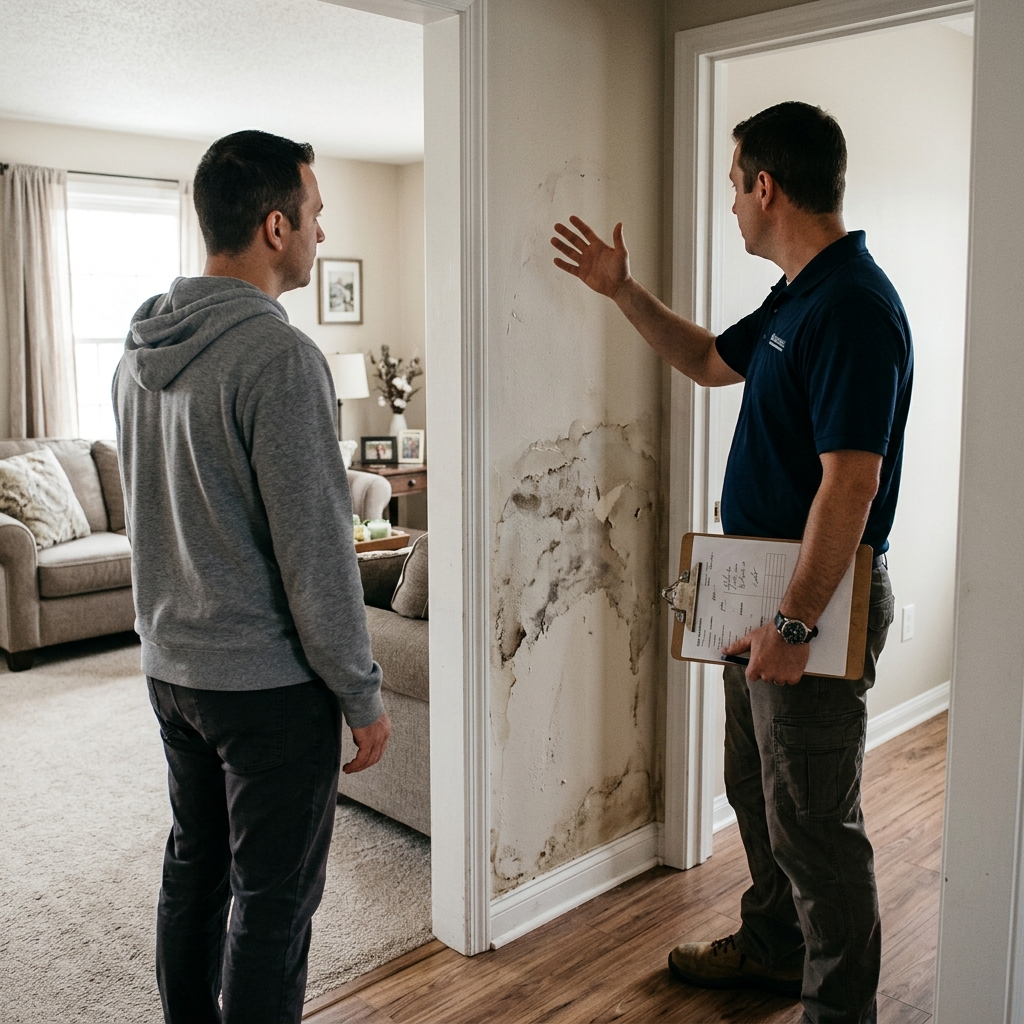A technician consulting with a homeowner about water damage restoration in Coppell