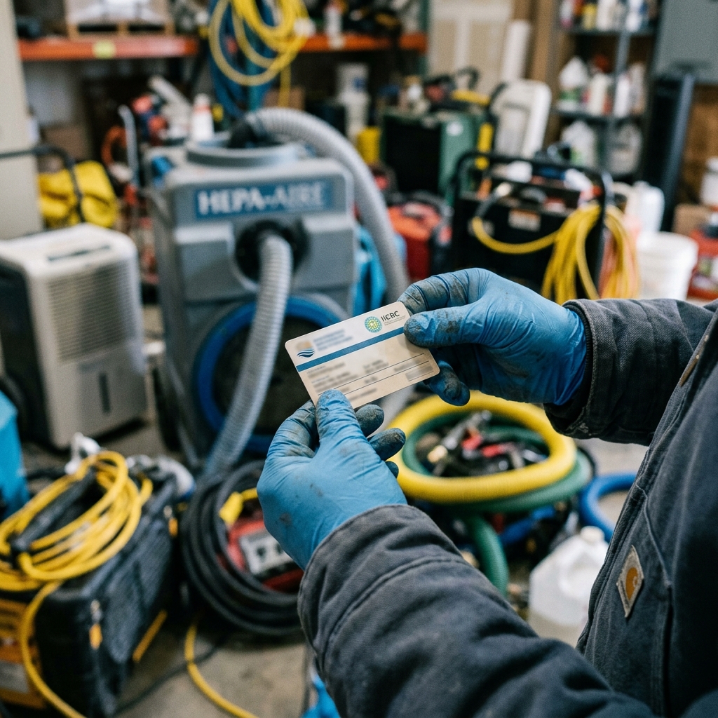 An IICRC certification card held by a restoration technician in Coppell