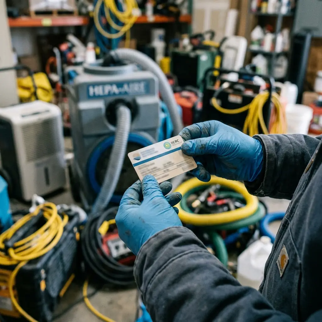 An IICRC certification card held by a restoration technician in Coppell