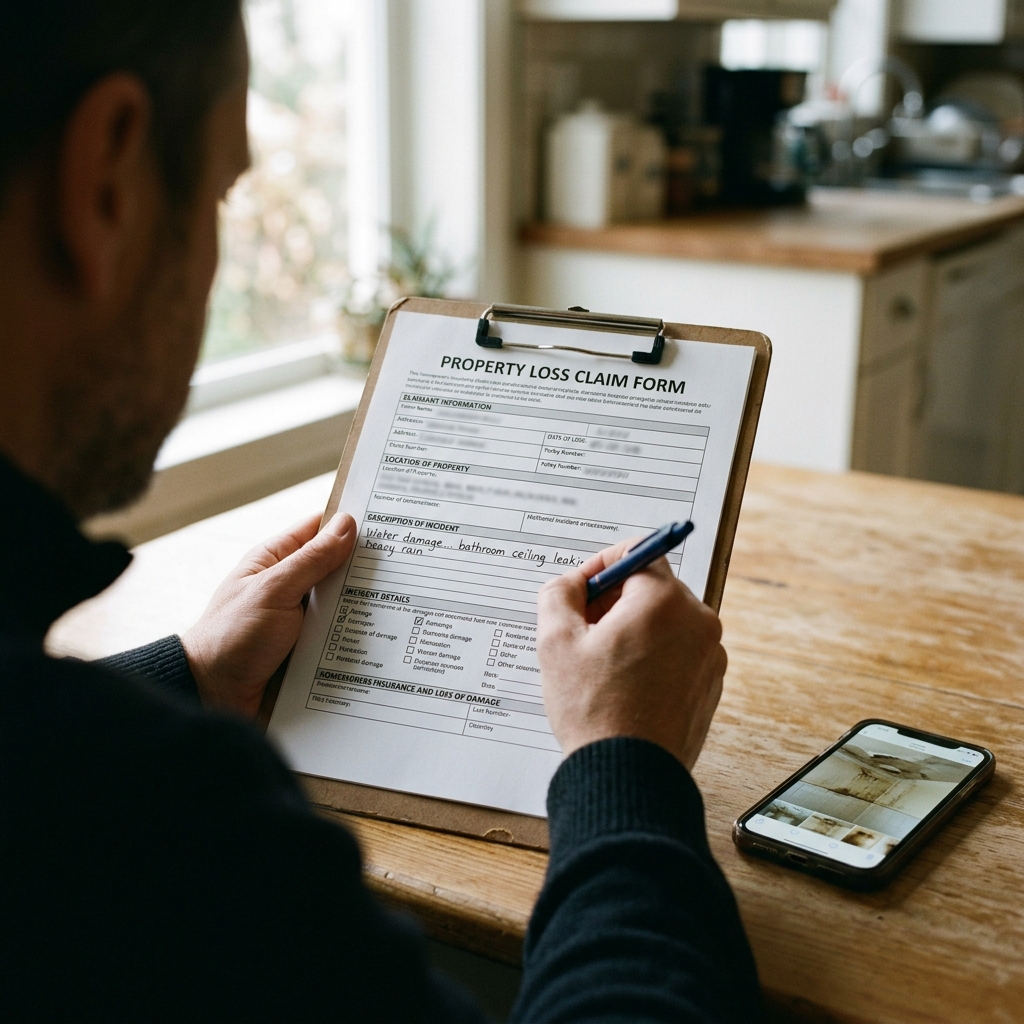 A homeowner filling out a water damage insurance claim form in Coppell