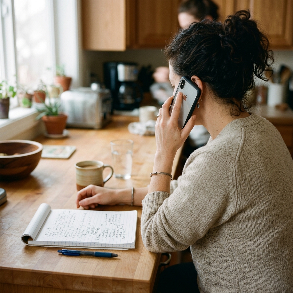 A homeowner taking notes on the phone before hiring a water damage contractor in Coppell
