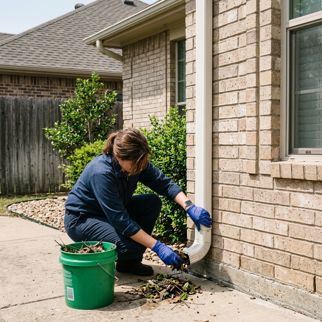 A homeowner clearing a gutter downspout as preventive maintenance in Coppell
