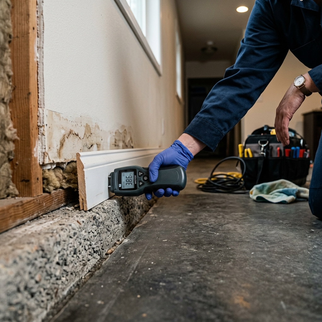 A technician checking a slab foundation edge for moisture in Coppell