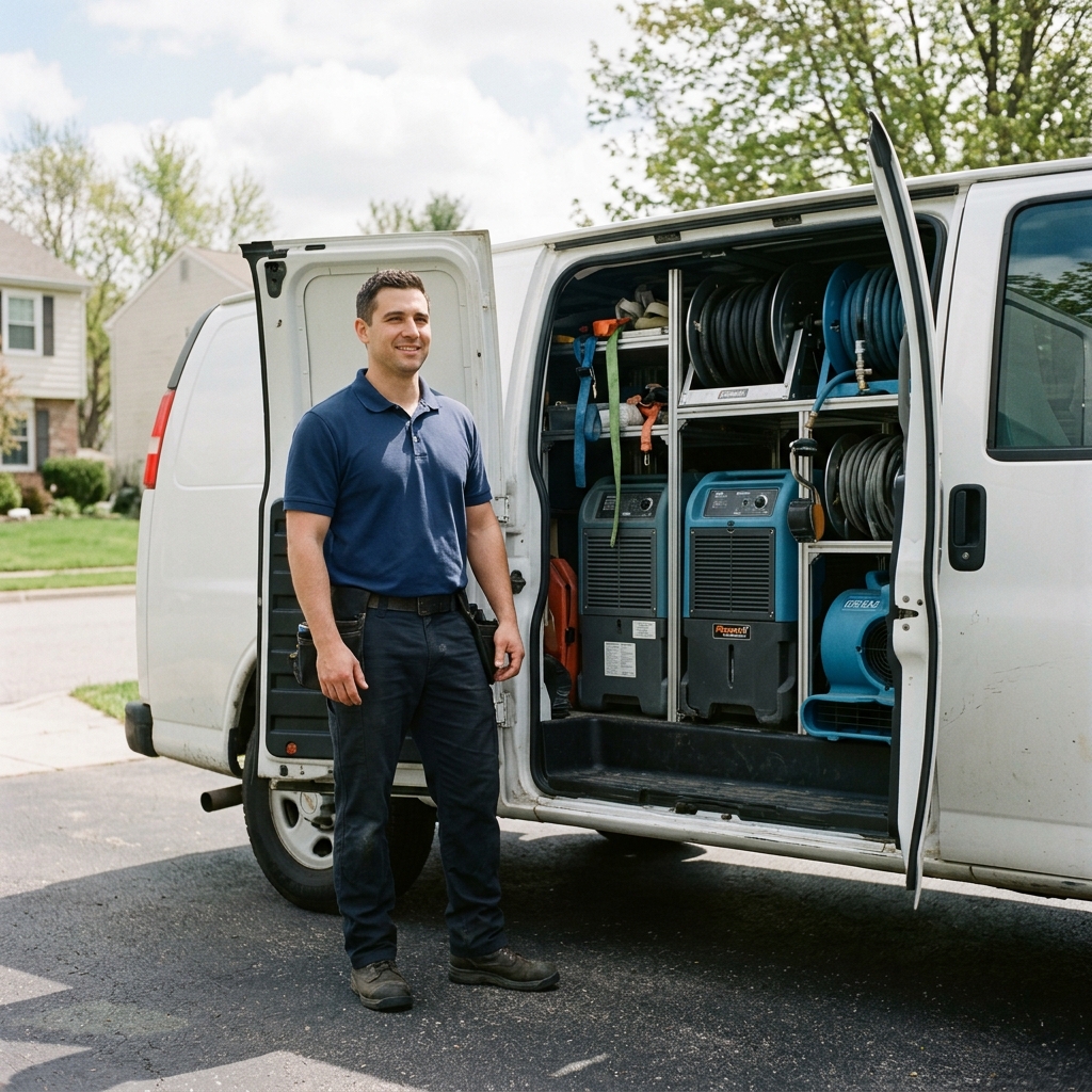 A water damage restoration technician in Coppell, ready to respond with fully equipped service vehicles