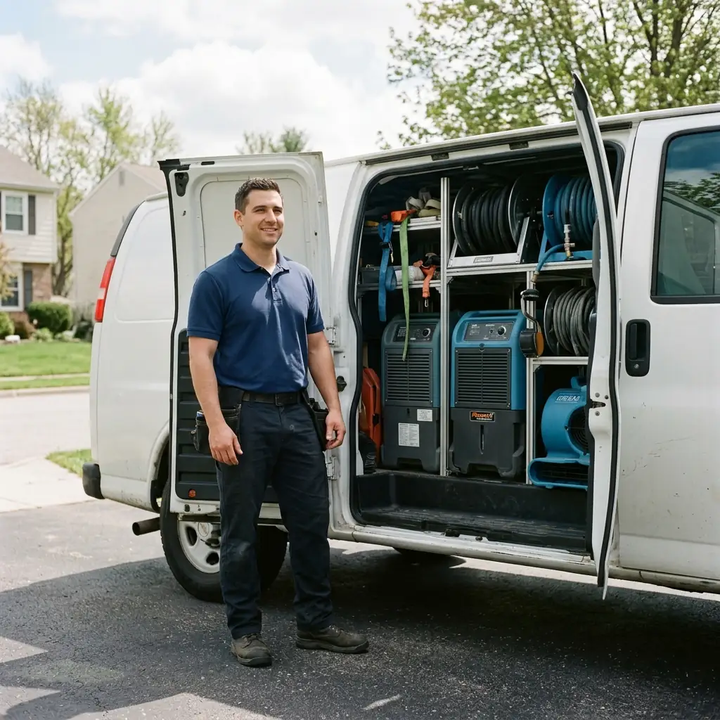 A water damage restoration technician in Coppell, ready to respond with fully equipped service vehicles